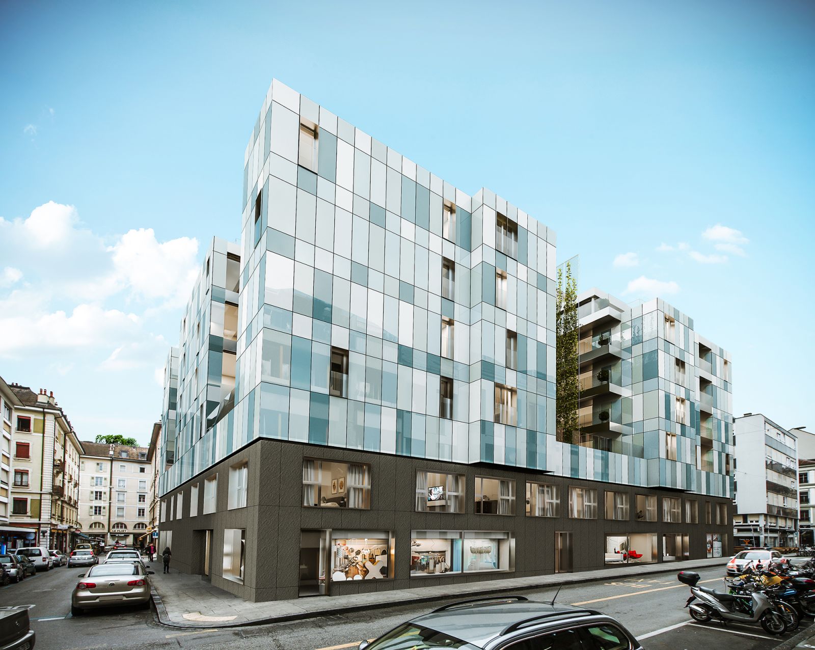 Exterior 3D rendering of the Rossi 16 - Multi Family with a facade of different sizes of glass that reflect the sun