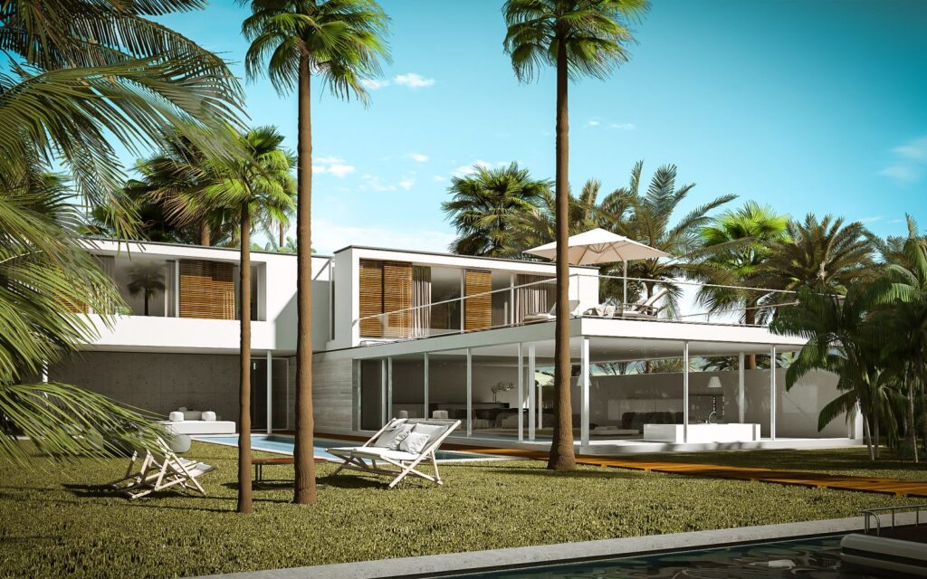Exterior 3D rendering of the modern and luxury miami family home with white and concrete walls, and a lot of furniture