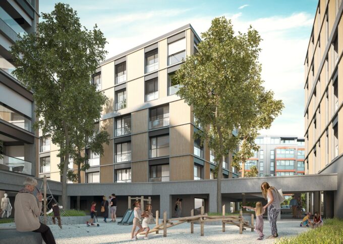 Exterior 3D rendering of the Portes de Bull Housing interior of buildings, with a wooden facade and many windows, which connect to each other