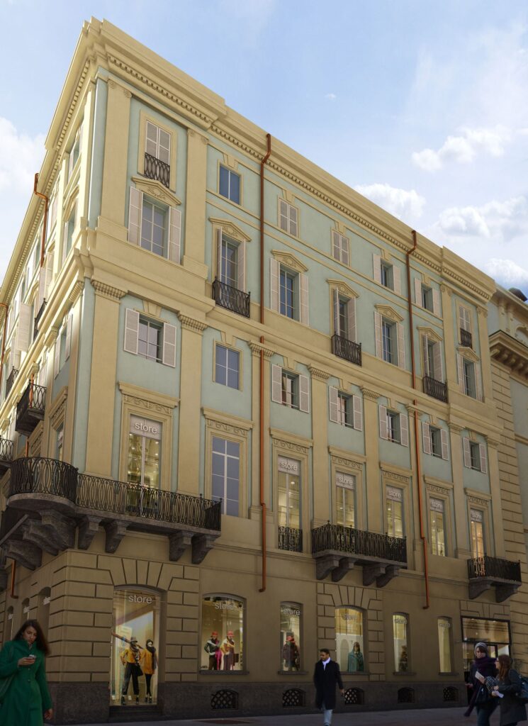 Exterior 3D rendering of the Lagrange 12 Turin neoclassical building remodeled with a store