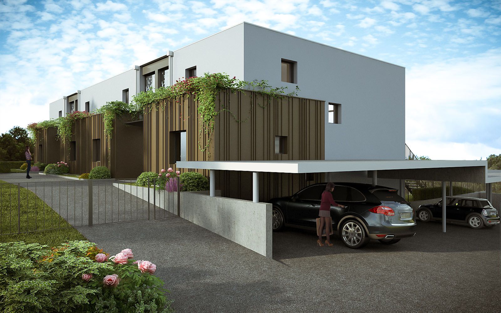 Exterior 3D rendering of the parking and the main entrance with modern style and different textures at Vernier Flats