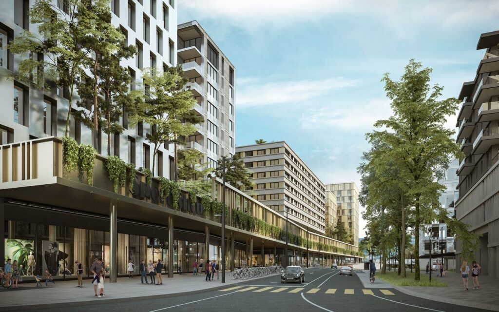 Exterior 3D rendering of the Quartier de l'Etang designed with premises on the ground floor and large balconies filled with plants on the upper floor