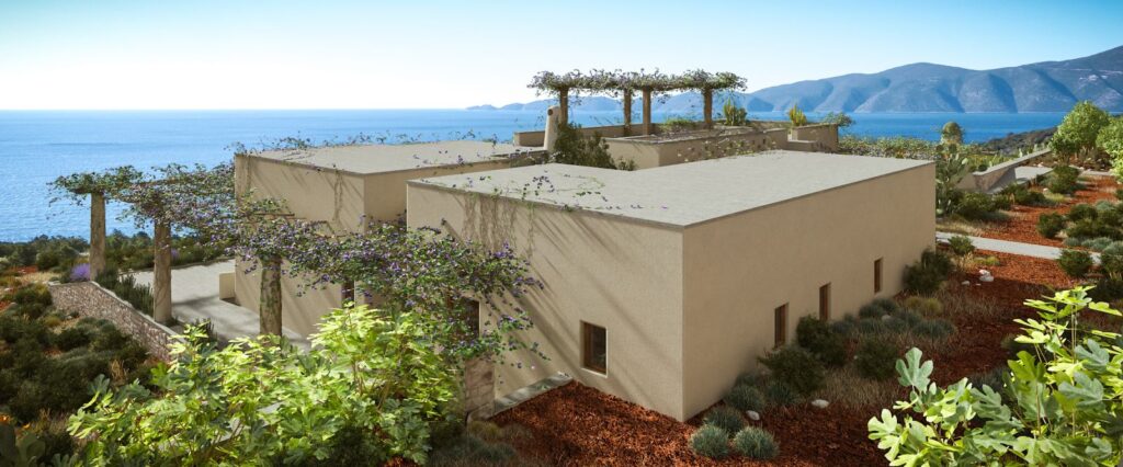 3D-Außendarstellung der Lefkada-Häuser, auf der Sie die schöne Aussicht auf die Berge sehen und wie das Haus dank der umgebenden Pflanzen mit den Bergen verbunden ist