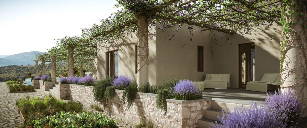 Exterior 3D rendering of the Lefkada Houses painted in cream color, with rock walls and many plants around it that unify the construction with the vegetation.