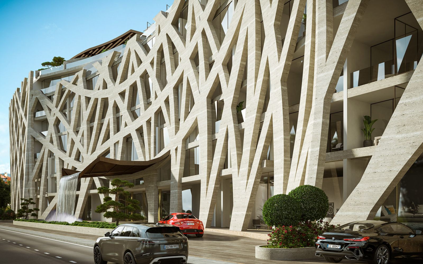 Exterior 3D rendering of the Five stars hotel decorated with a textured design walls that stands out in the environment