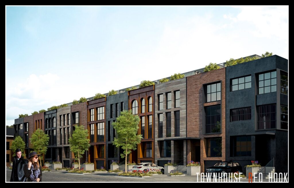 Exterior 3D rendering of the Red Hook modern townhouses that blend with the environment