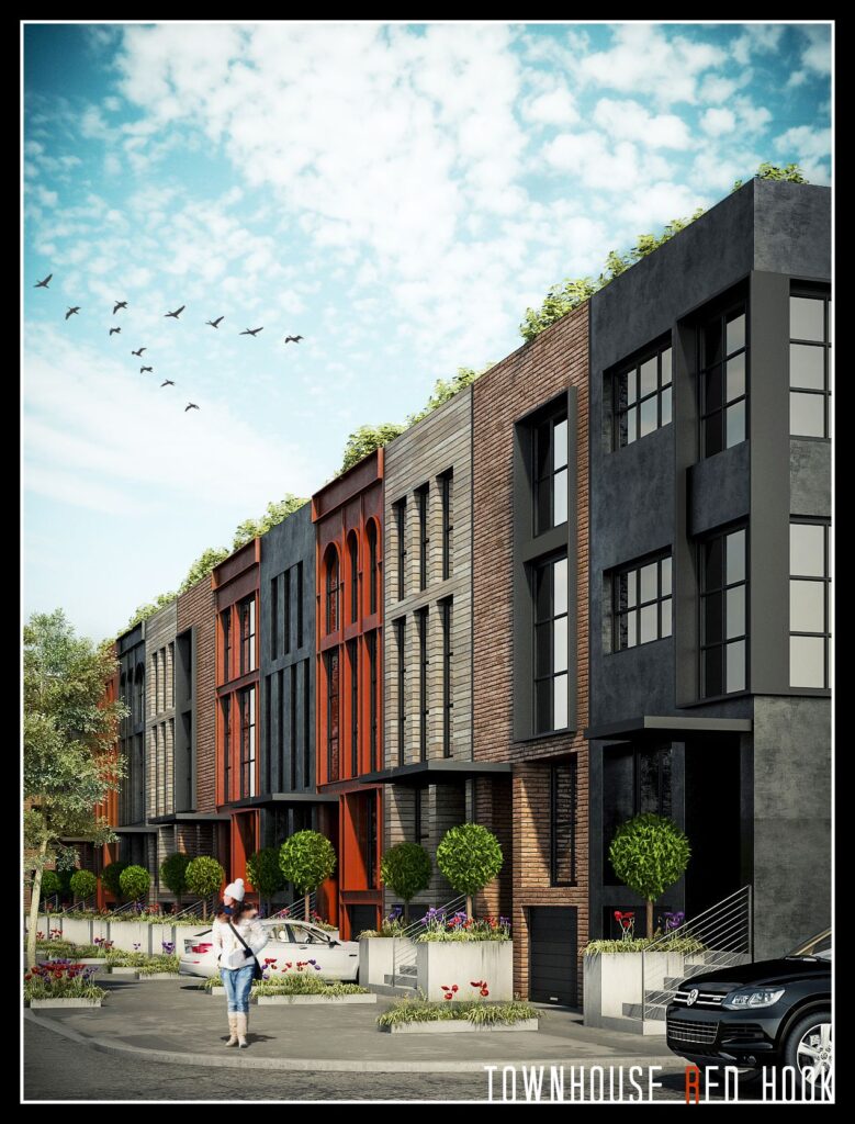 3D-Außendarstellung der modernen Stadthäuser von Red Hook mit unterschiedlichen Materialien und Farben an der Fassade