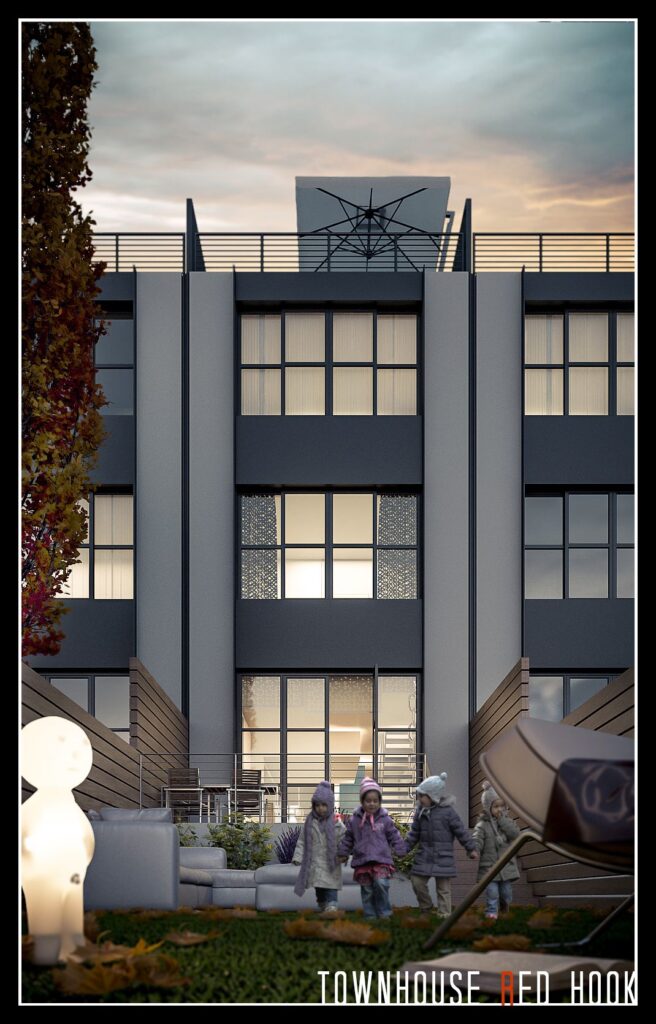 Exterior 3D rendering of the Red Hook modern with white walls and large windows