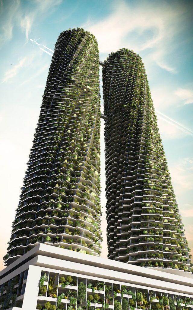 Exterior 3D rendering of the Rotating towers with panoramic balconies near the water