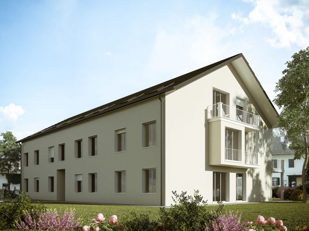 Exterior 3D rendering of the Multi Family at Munchen neat with many windows and garden