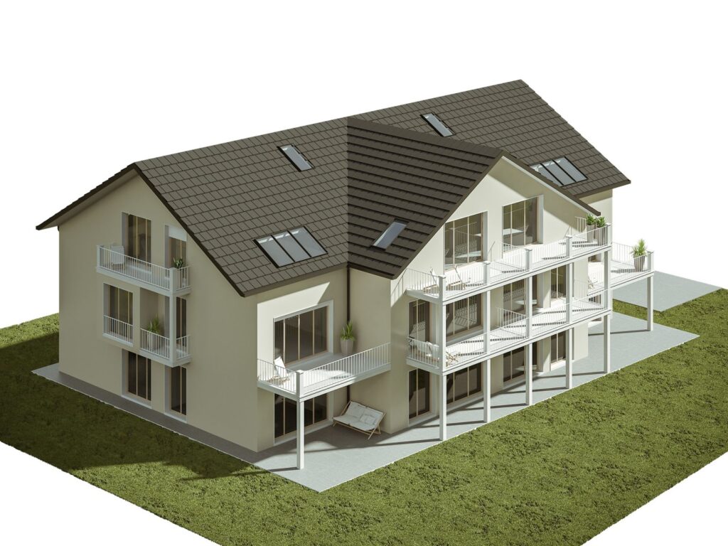 Exterior 3D rendering of the Multi Family at Munchen with sunny balconies, roof windows and sliding doors