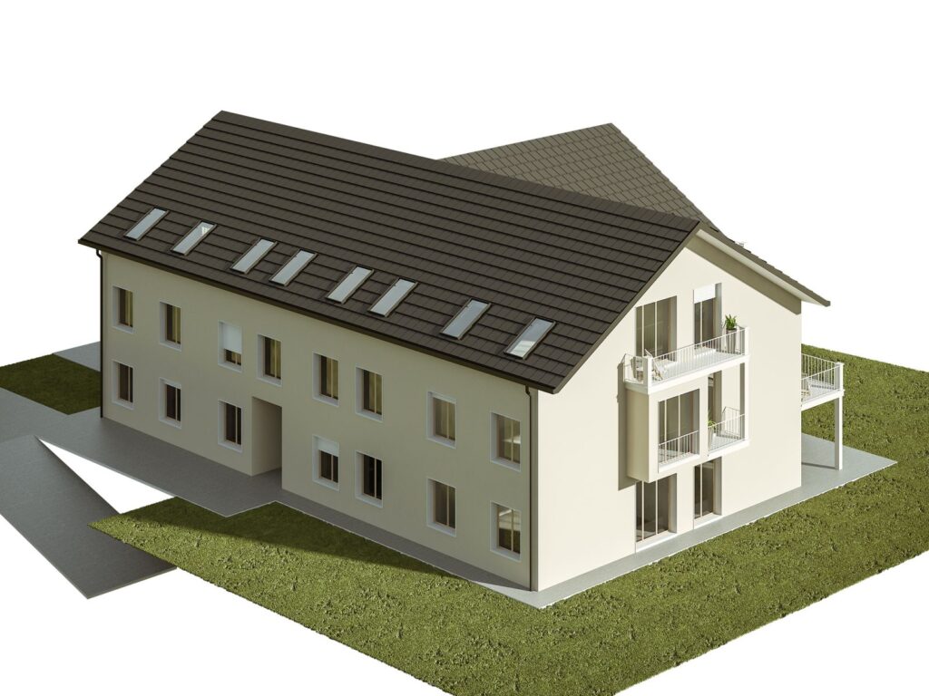 Exterior 3D rendering of the Multi Family at Munchen with windows on all floors, black roof and garden