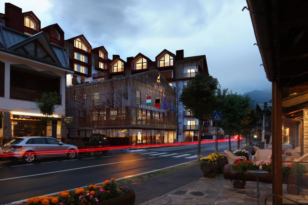 Exterior 3D rendering of the Hotel Massif with wood and glass, and many gable roofs