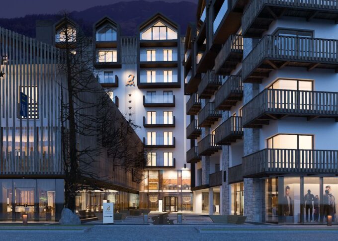 Exterior 3D rendering of the Hotel Massif at night, with very good lighting