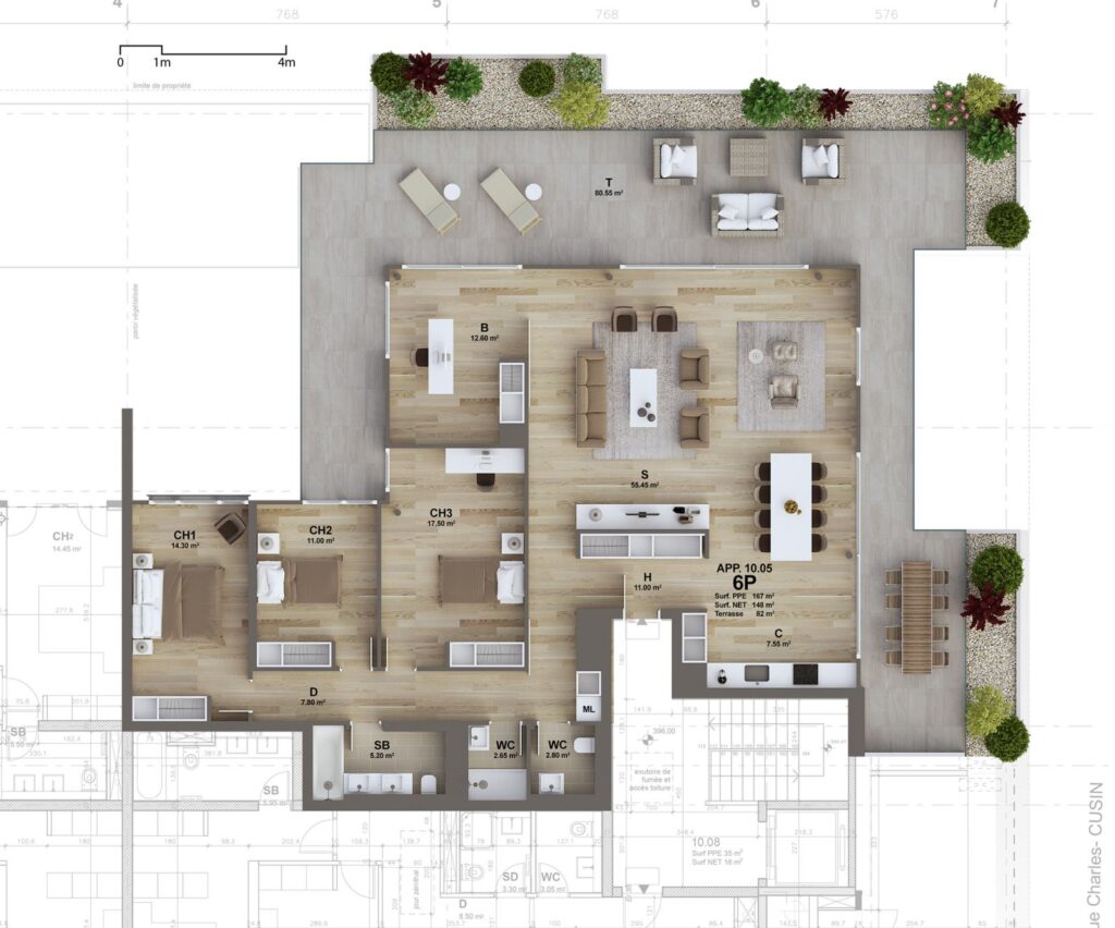 Floorplans 3D rendering of the Rossi 16 - Multi Family with a modern layout and wooden floors