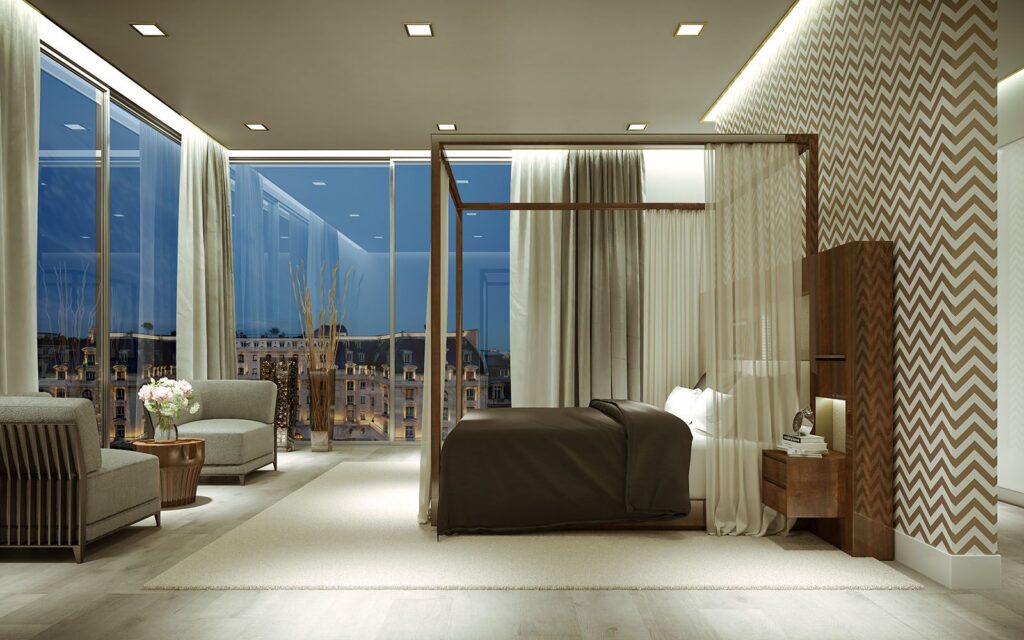 Furniture 3D rendering of the Hugues Chevalier mobili 2018 bed with decoration above it and gray armchairs