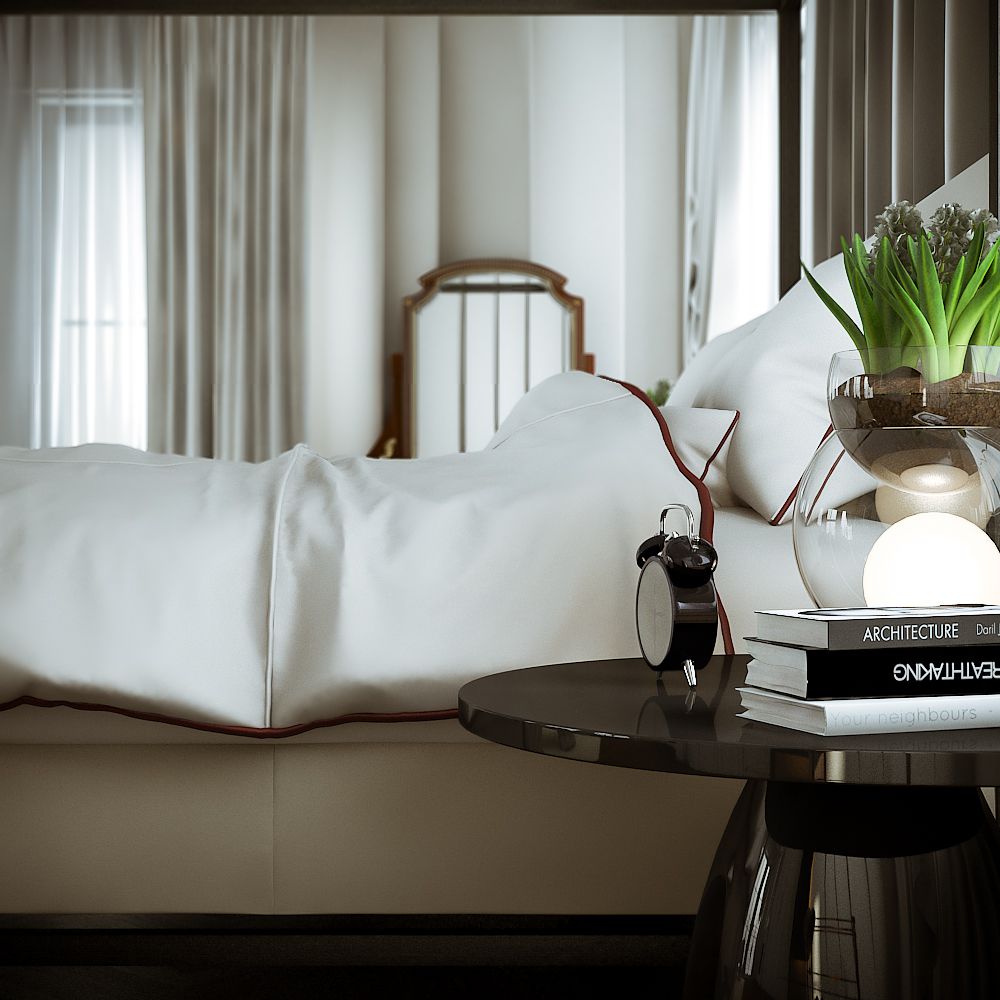 3D-Möbel-Rendering des Dock Lane-Schlafzimmers mit elegantem Nachttisch und Bett