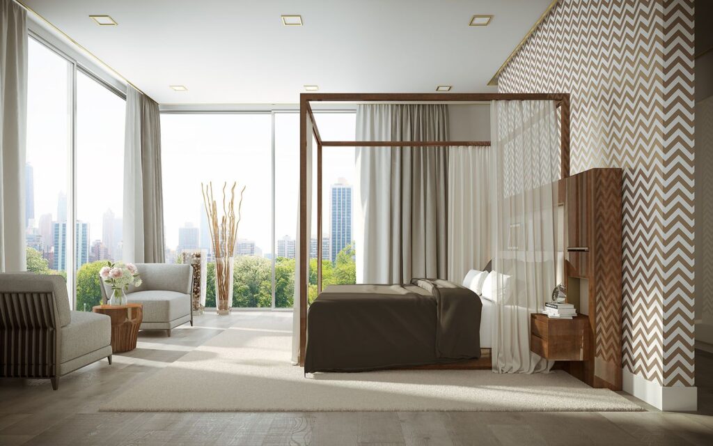 Furniture 3D rendering of the Hugues Chevalier mobili 2018 wooden bed with nightstands included, gray armchairs with metal decoration and a small metal table