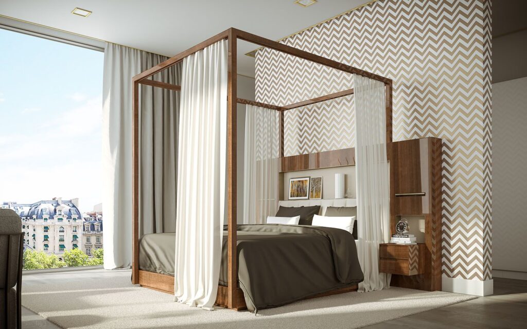 Furniture 3D rendering of the Hugues Chevalier mobili 2018 wooden bed with backrest and light tables included, as well as decoration above with wood and fabrics