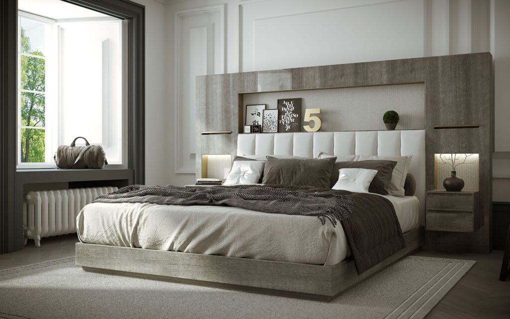 Möbel 3D-Rendering des Holzbetts Hugues Chevalier mobili 2018 mit hoher Rückenlehne und Nachttischen inklusive