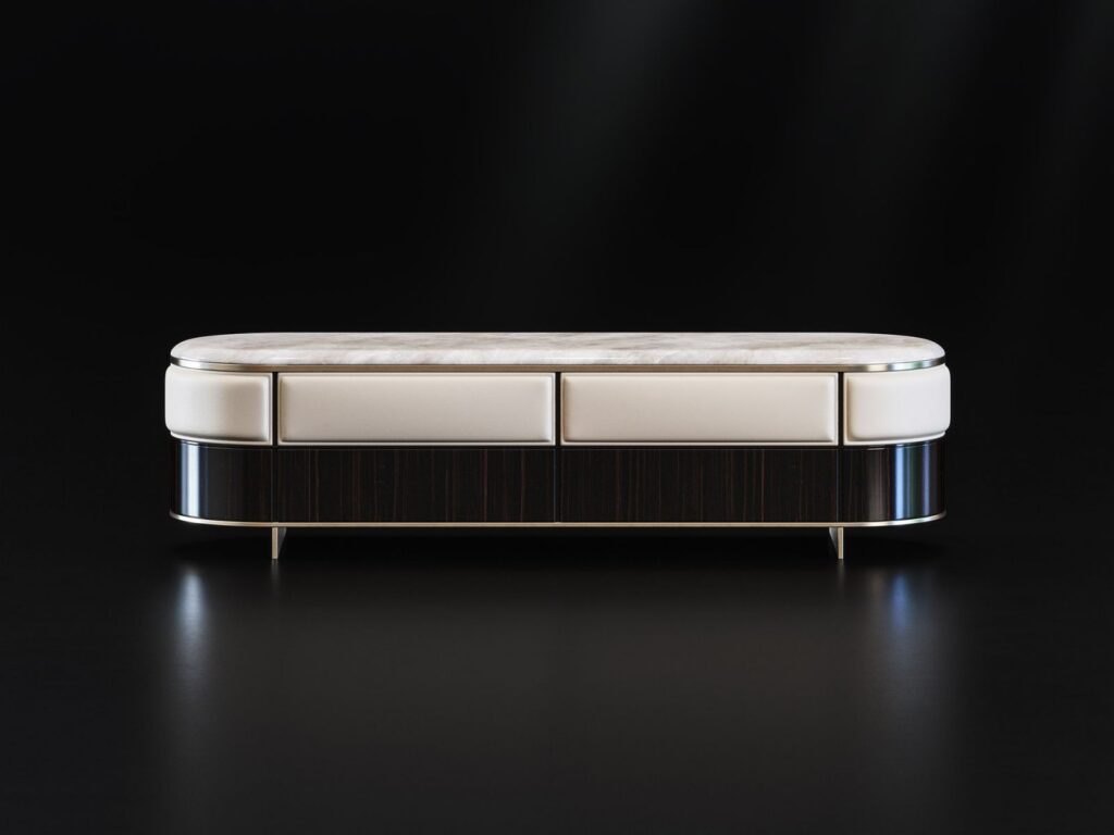 Furniture 3D rendering of the Hugues Chevalier 2020 white upholstered bench with wooden interior and metal decorations