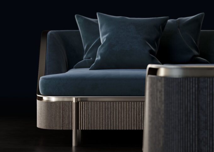 Furniture 3D rendering of the Hugues Chevalier 2020 armchair with blue upholstery and the entire structure in dark metal