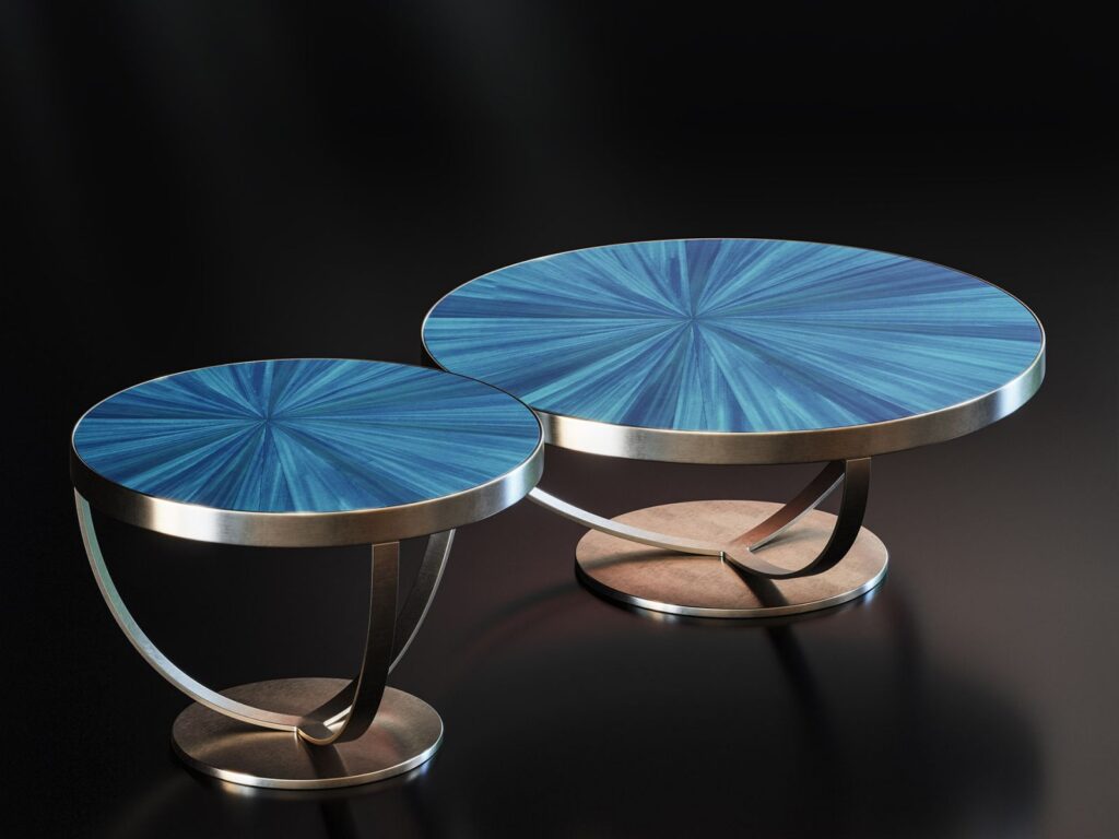 Furniture 3D rendering of the Hugues Chevalier 2020 coffee table in the shape of two blue circles and a metal structure