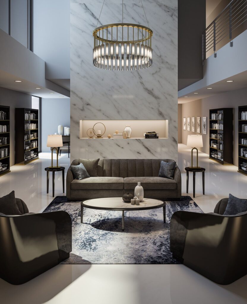 Furniture 3D rendering of the Brown armchair, with varnished wooden armchairs and a white table which is in the Hugues Chevalier Catalogue 2017