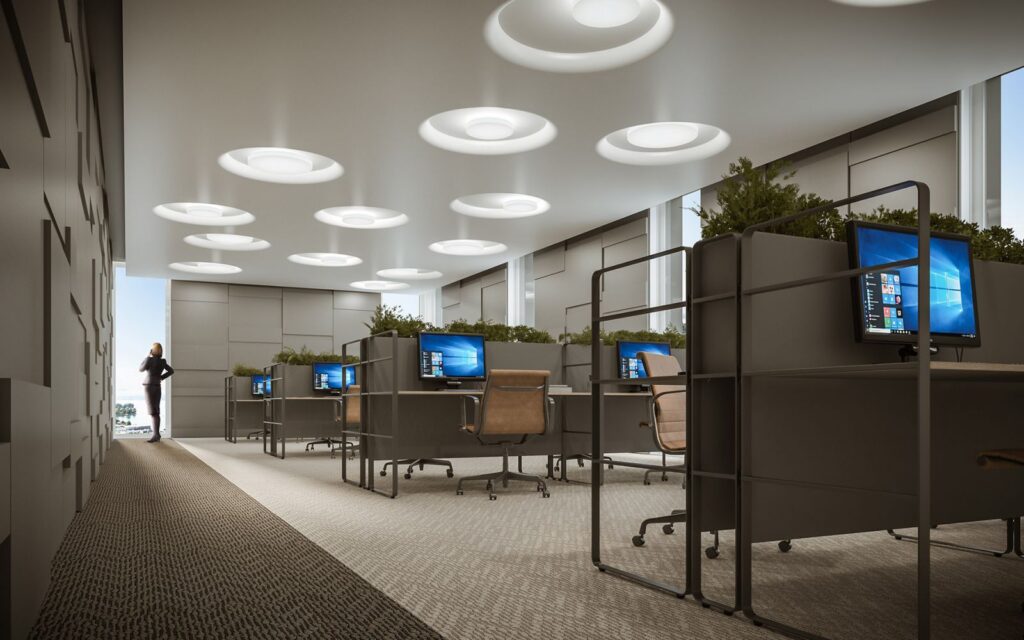 Furniture 3D rendering of the Monolicht brochure circular lamps that are in larger circular holes made in the ceiling