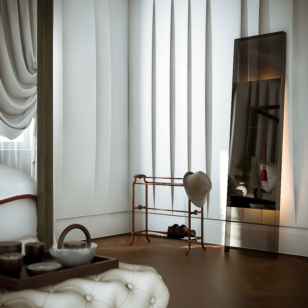 3D-Rendering der Möbel des Dock Lane-Schlafzimmers mit natürlichem Licht, einem Ganzkörperspiegel und einem separaten Raum zur Schuhaufbewahrung