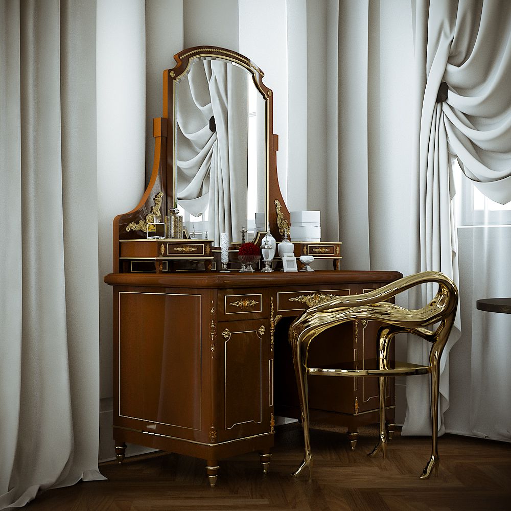 Möbel 3D-Rendering des eleganten hölzernen Kosmetikspiegels von Dock Lane mit einem goldfarbenen Stuhl