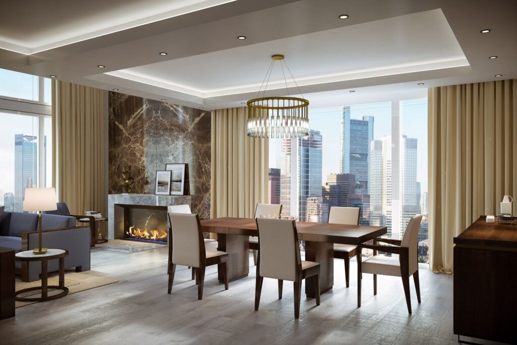 Möbel 3D-Rendering des dunklen Holztisches und der weiß gepolsterten Stühle, die unter einer goldenen Lampe stehen, die im Hugues Chevalier Katalog 2017 zu finden ist