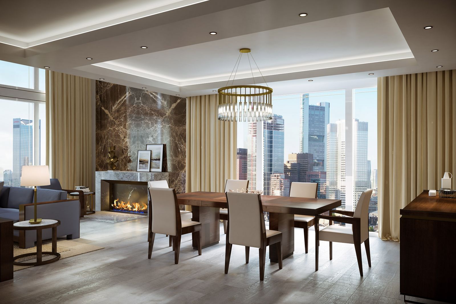 Furniture 3D rendering of the dark wooden table and white upholstered chairs, which are under a golden lamp which is in the Hugues Chevalier Catalogue 2017