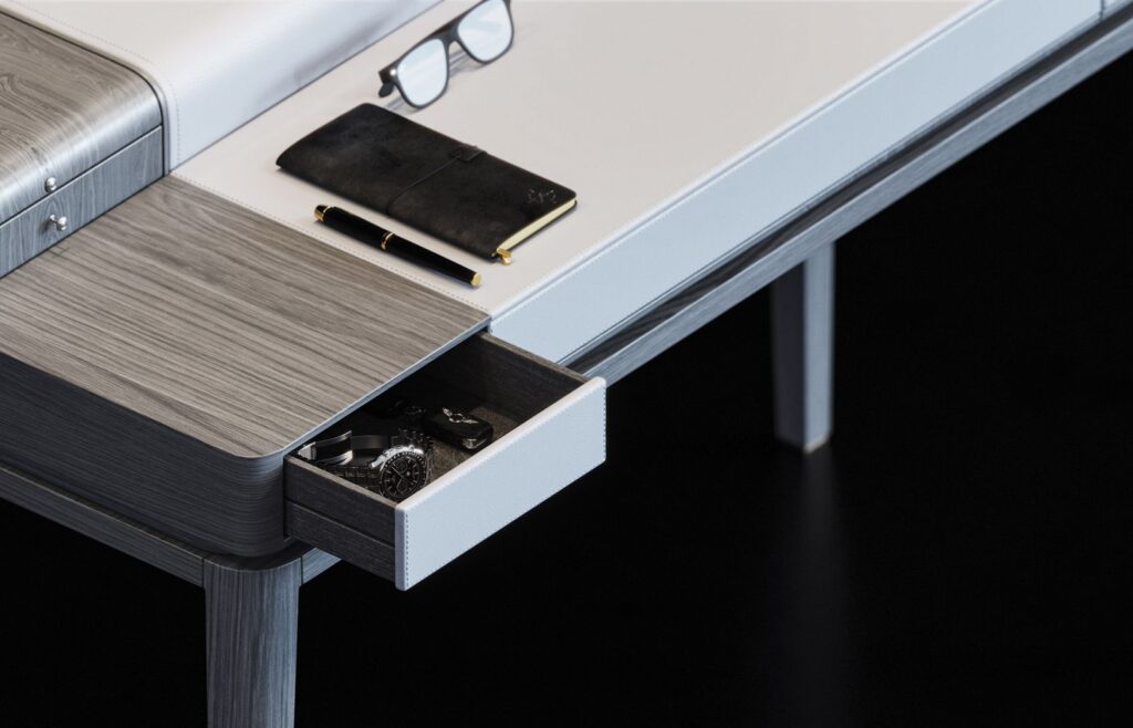 Furniture 3D rendering of the Hugues Chevalier 2020 hidden drawer in a wooden piece of furniture with white upholstery