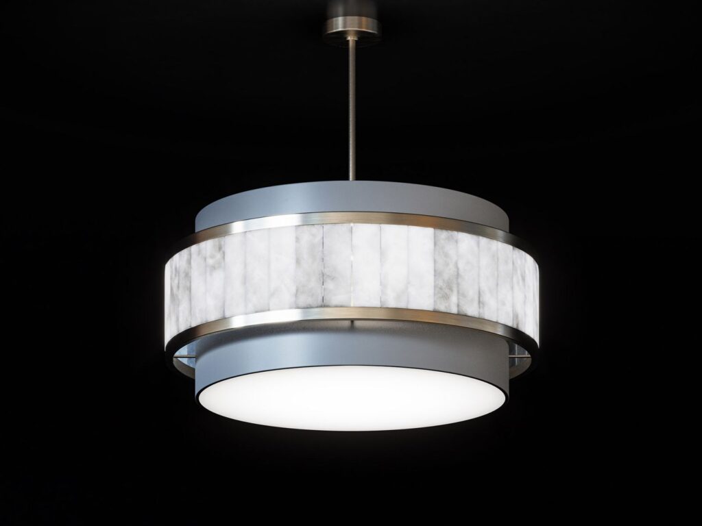 Furniture 3D rendering of the Hugues Chevalier 2020 ceiling lamp with a gray screen, and another one made of marble and metal around it.