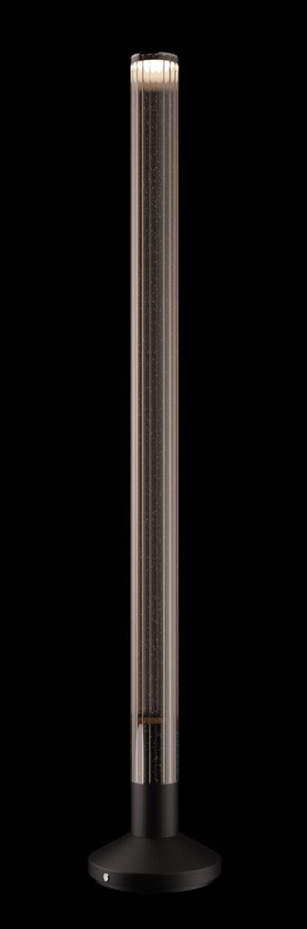 Furniture 3D rendering of the Monolicht brochure vertical turbo-shaped lamp, with a black base that has warm light