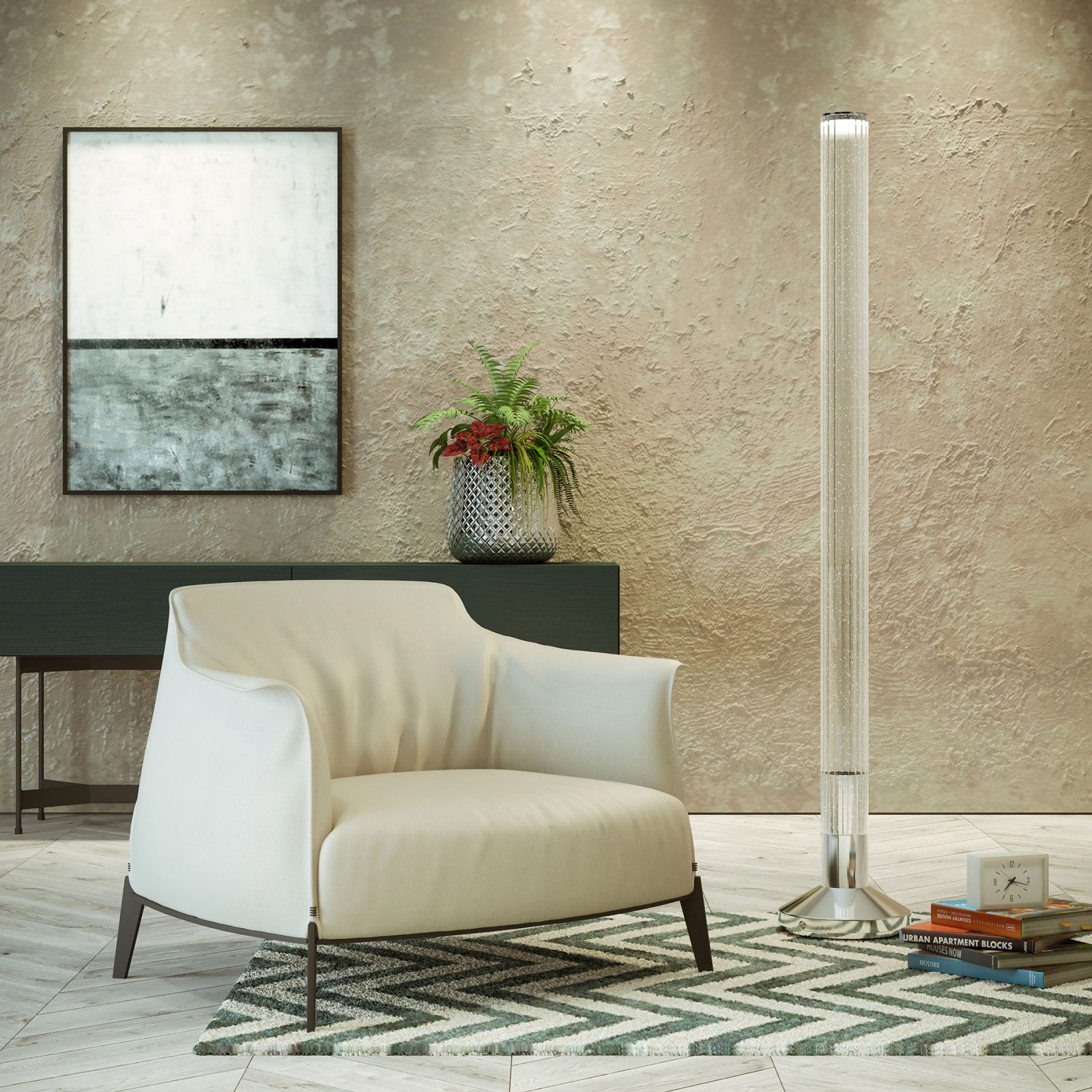 Furniture 3D rendering of the Monolicht brochure vertical turbo-shaped lamp, with a white base that has warm light
