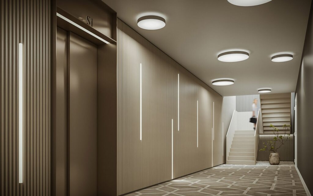 Möbel 3D-Rendering der Monolicht-Broschüre runde Lampen an der Decke und rechteckige Lampen an den Wänden, die sich sehr gut integrieren