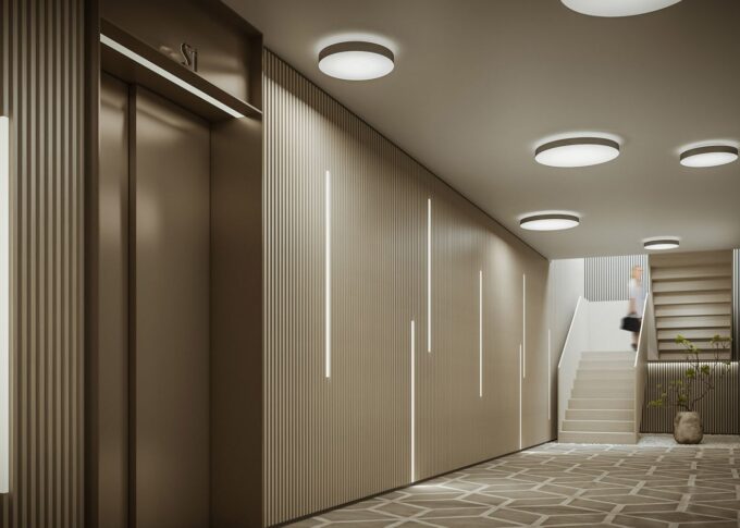 Furniture 3D rendering of the Monolicht brochure circular lamps on the ceiling and rectangular lamps on the walls that integrate very well