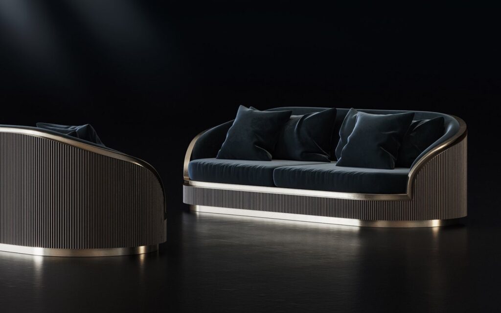 Furniture 3D rendering of the Hugues Chevalier 2020 sofa upholstered in dark blue velvet and a textured metal frame
