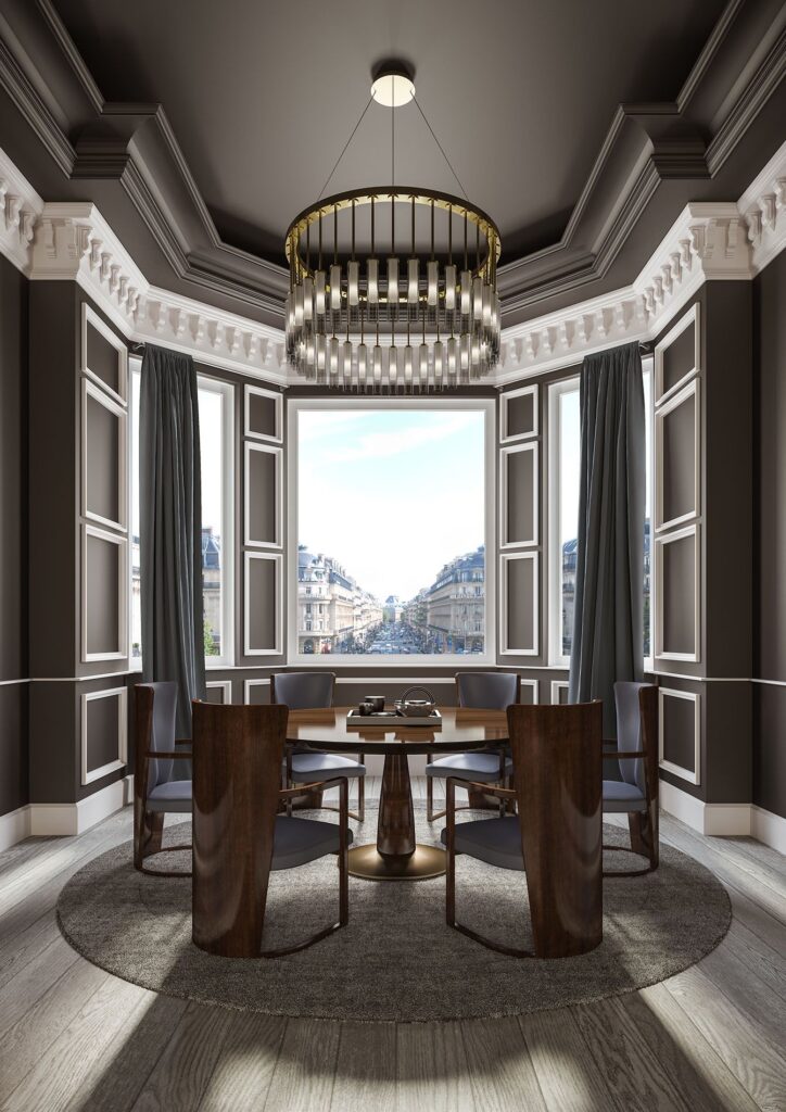 Furniture 3D rendering of the Varnished wooden table and chairs, upholstered in blue, under a golden lamp with hanging glass pieces which is in the Hugues Chevalier Catalogue 2017