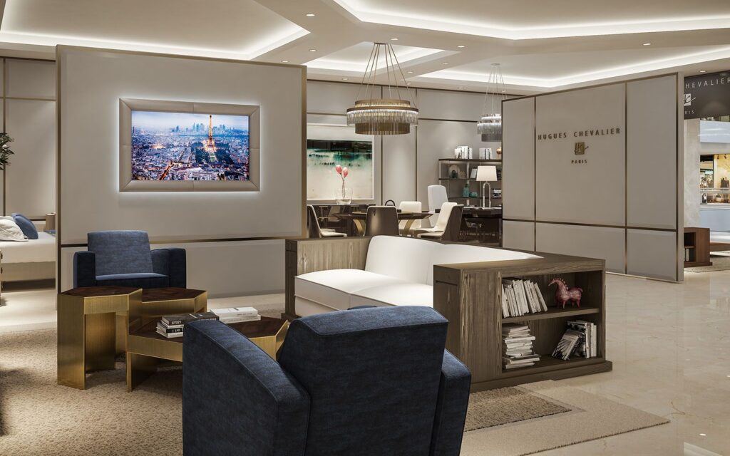 Furniture 3D rendering of the Hugues Chevalier China store made with wood, some upholstered in blue and others white.