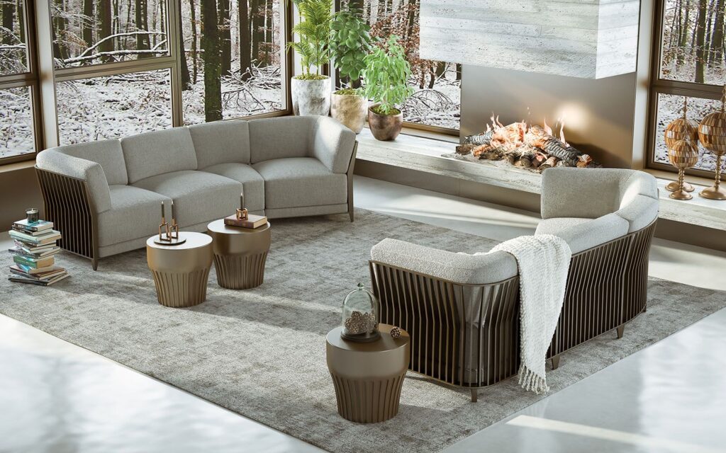 Furniture 3D rendering of the Hugues Chevalier mobili 2018 luxury gray armchair, with brown decorations on the backrest and small tables of the same material