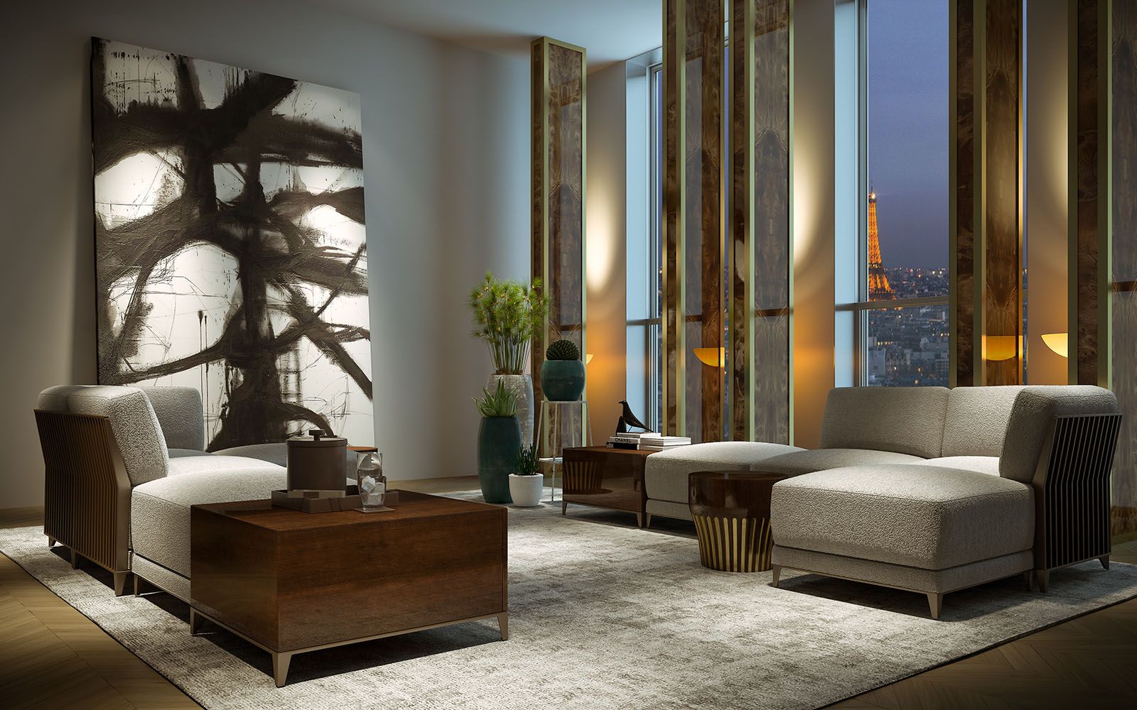 Furniture 3D rendering of the Hugues Chevalier mobili 2018 gray armchairs with brown decorations and varnished wooden table