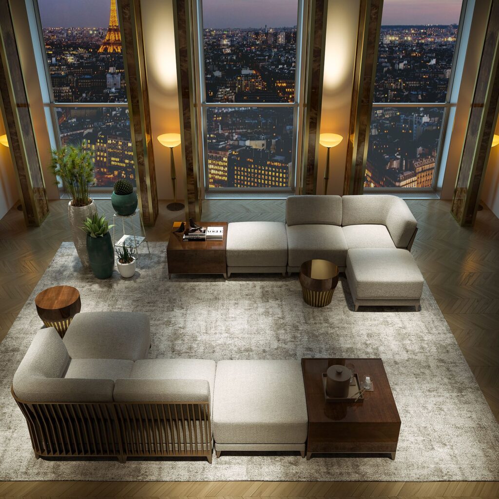 Furniture 3D rendering of the Hugues Chevalier mobili 2018 gray armchair, with a brown structure, varnished wooden table and small tables made of the same material as the structure of the armchair.