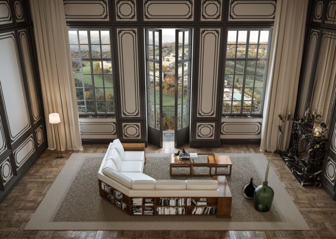 Furniture 3D rendering of the wooden armchair, with white upholstery, which is a library which is in the Hugues Chevalier Catalogue 2017