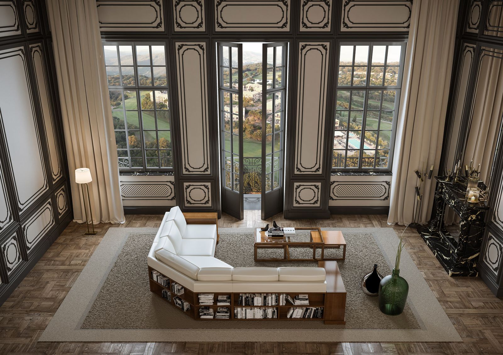 Furniture 3D rendering of the wooden armchair, with white upholstery, which is a library which is in the Hugues Chevalier Catalogue 2017