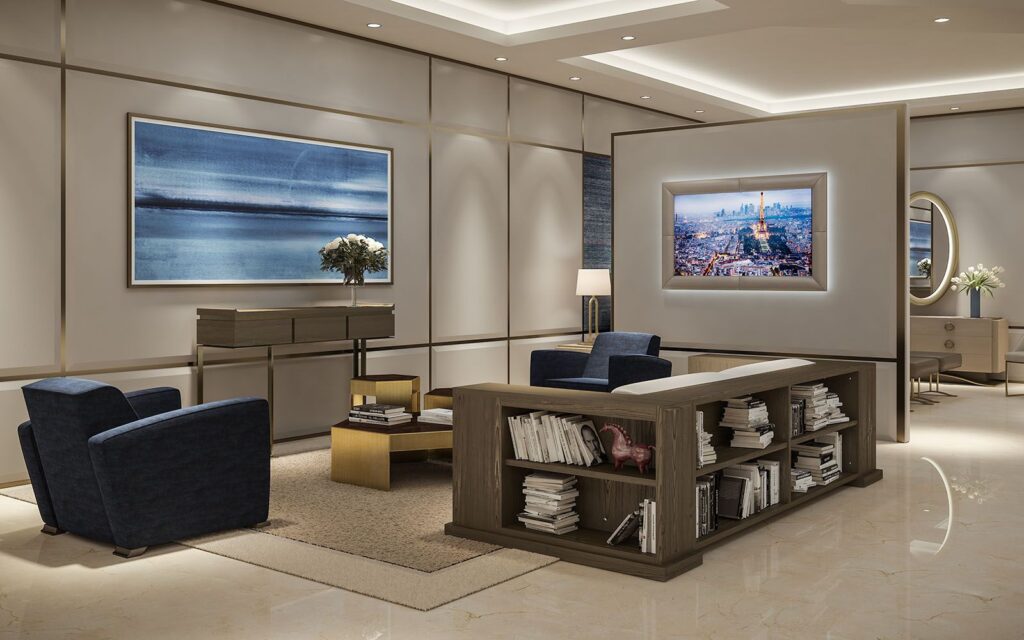 Furniture 3D rendering of the Hugues Chevalier China store armchairs and tables, some white and some blue