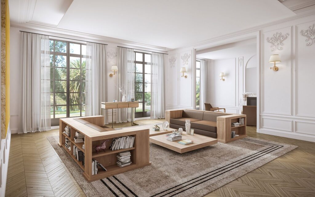 Furniture 3D rendering of the wooden armchair, upholstered with dark brown leather, which is a library which is in the Hugues Chevalier Catalogue 2017