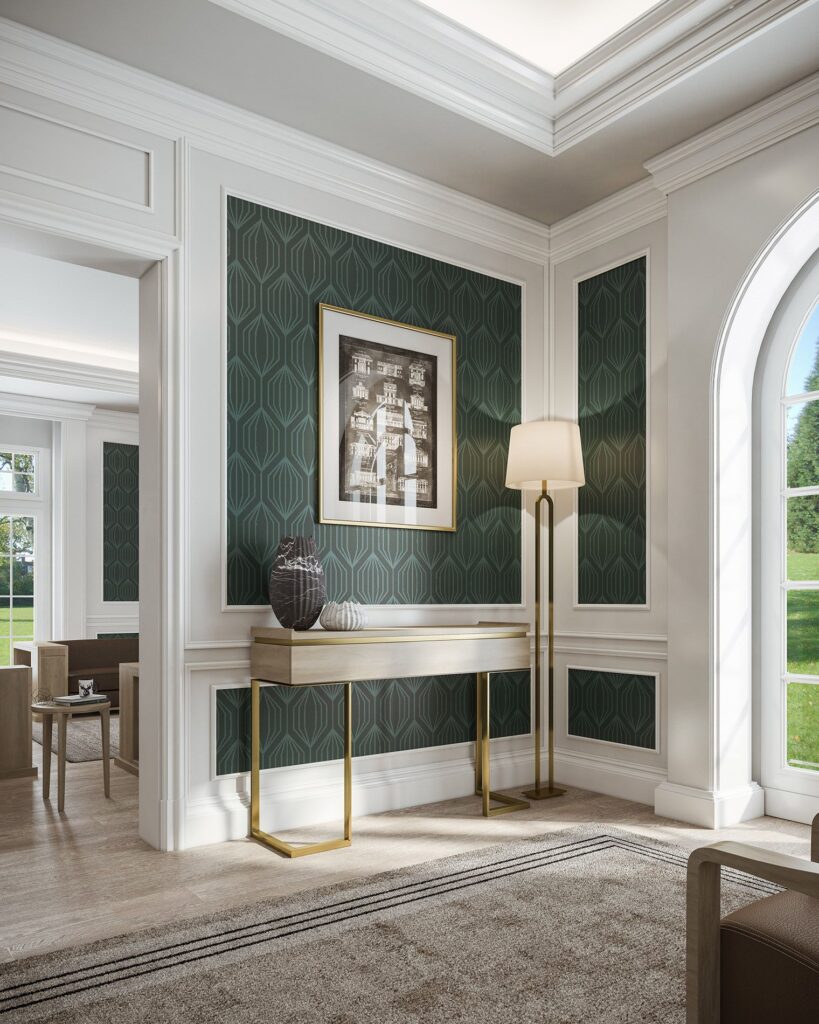 Furniture 3D rendering of the decoration table, with golden legs, and a floor lamp which is in the Hugues Chevalier Catalogue 2017